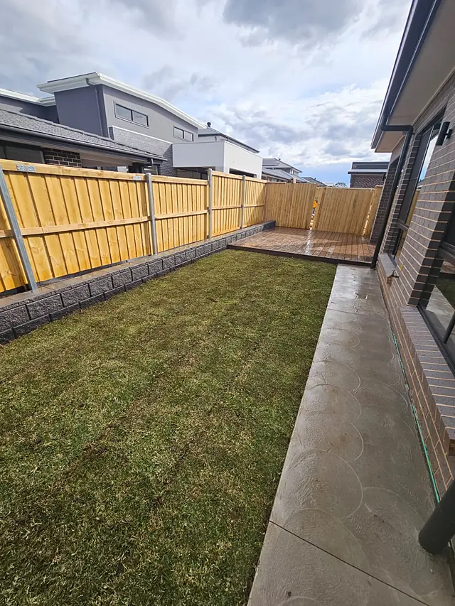 New turf, fence line and concrete path