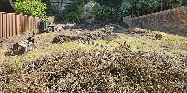 Before: overgrown sloping backyard covered in cut scrub
